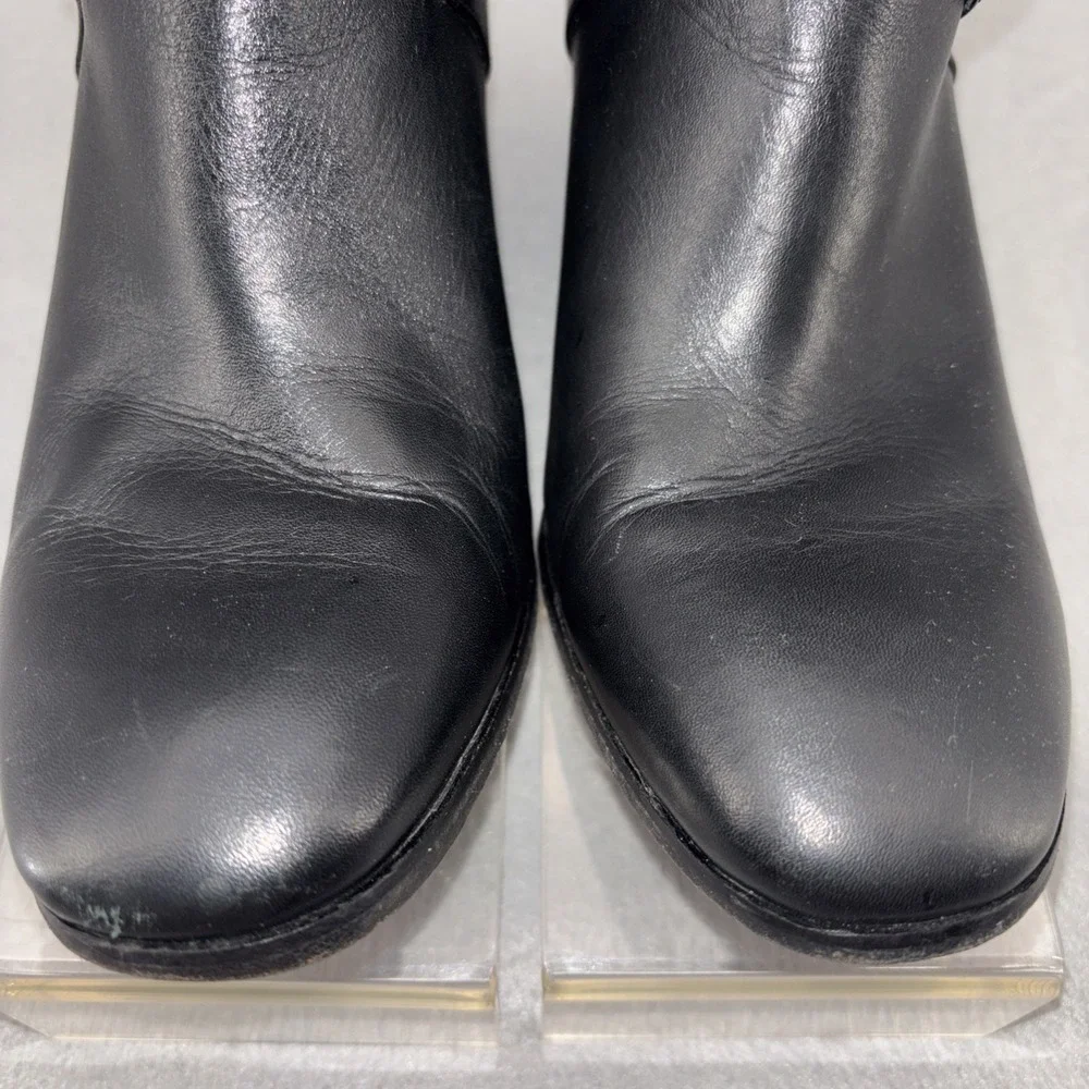 Cole Haan HAYDEN Grand.OS Black Leather Ankle Boots Block Heel Gold Accents W8.5